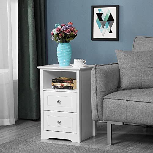 Yaheetech White Bedside Cabinet, Nightstand Bedside Table with 2 Drawers & Cupboard, Wood Side End Table Storage Unit for Bedroom Living Room Furniture, 35x40x61cm