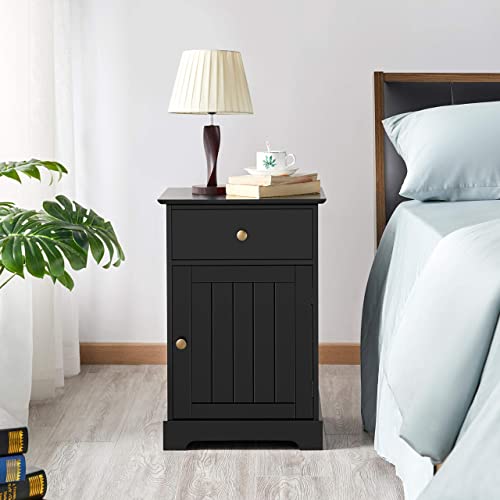 Yaheetech Black Bedside Table with Door & Drawer, Wooden Side Table End Table with Adjustable Shelf, Nightstand Storage Bedside Cabinet for Bedroom/Living Room/Guest Room, Home Furniture