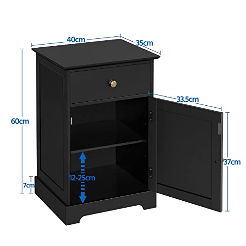 Yaheetech Black Bedside Table with Door & Drawer, Wooden Side Table End Table with Adjustable Shelf, Nightstand Storage Bedside Cabinet for Bedroom/Living Room/Guest Room, Home Furniture