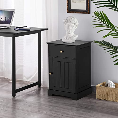 Yaheetech Black Bedside Table with Door & Drawer, Wooden Side Table End Table with Adjustable Shelf, Nightstand Storage Bedside Cabinet for Bedroom/Living Room/Guest Room, Home Furniture