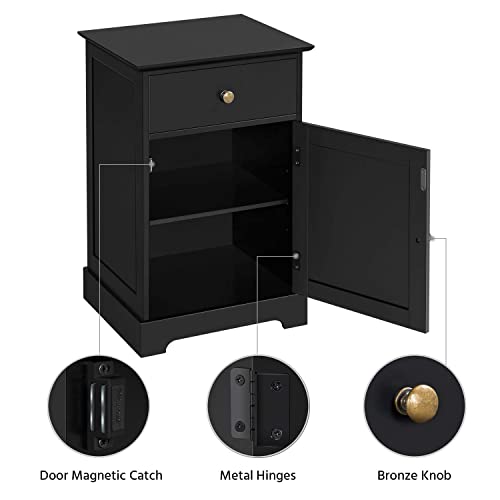 Yaheetech Black Bedside Table with Door & Drawer, Wooden Side Table End Table with Adjustable Shelf, Nightstand Storage Bedside Cabinet for Bedroom/Living Room/Guest Room, Home Furniture