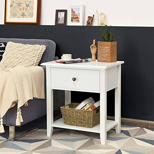 COSTWAY Bedside Table, Wooden Nightstand End Sofa Side Table with Drawer and Storage Shelf, Modern Bedside Cabinet Accent Coffee Tea Table for Living Room Bedroom Office (1, White)