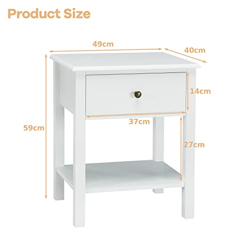 COSTWAY Bedside Table, Wooden Nightstand End Sofa Side Table with Drawer and Storage Shelf, Modern Bedside Cabinet Accent Coffee Tea Table for Living Room Bedroom Office (1, White)