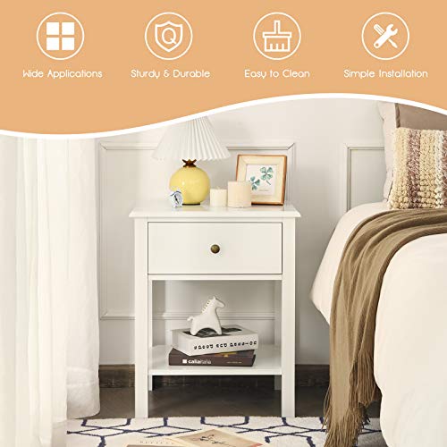 COSTWAY Bedside Table, Wooden Nightstand End Sofa Side Table with Drawer and Storage Shelf, Modern Bedside Cabinet Accent Coffee Tea Table for Living Room Bedroom Office (1, White)