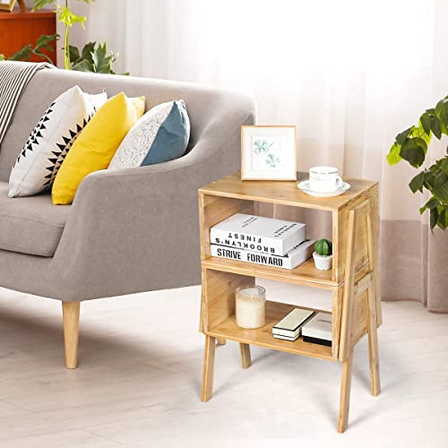 COSTWAY Set of 2 Stackable Bedside Tables, Bamboo Nightstand Sofa Side Table with Open Storage Compartment, Home Living Room Bedroom Coffee Tea End Table (Natural)
