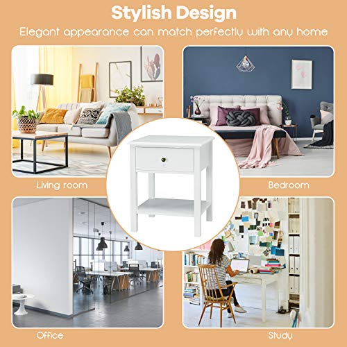 COSTWAY Bedside Table, Wooden Nightstand End Sofa Side Table with Drawer and Storage Shelf, Modern Bedside Cabinet Accent Coffee Tea Table for Living Room Bedroom Office (1, White)