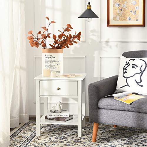 COSTWAY Bedside Table, Wooden Nightstand End Sofa Side Table with Drawer and Storage Shelf, Modern Bedside Cabinet Accent Coffee Tea Table for Living Room Bedroom Office (1, White)