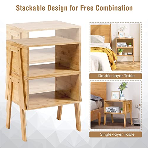 COSTWAY Set of 2 Stackable Bedside Tables, Bamboo Nightstand Sofa Side Table with Open Storage Compartment, Home Living Room Bedroom Coffee Tea End Table (Natural)