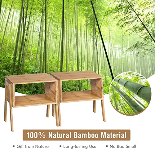 COSTWAY Set of 2 Stackable Bedside Tables, Bamboo Nightstand Sofa Side Table with Open Storage Compartment, Home Living Room Bedroom Coffee Tea End Table (Natural)