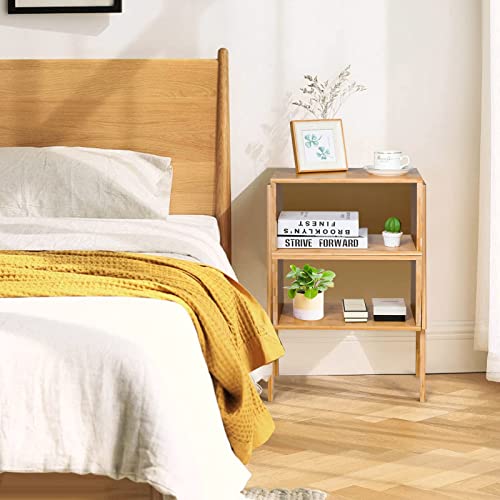 COSTWAY Set of 2 Stackable Bedside Tables, Bamboo Nightstand Sofa Side Table with Open Storage Compartment, Home Living Room Bedroom Coffee Tea End Table (Natural)