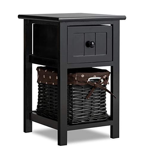 COSTWAY Bedside Table, Solid Wood Nightstand End Sofa Side Table with Drawer and Wicker Basket, Shabby Chic Slim Bedside Cabinet Accent Tea Tables for Living Room Bedroom, 28x31x45cm (1PCS, Black)