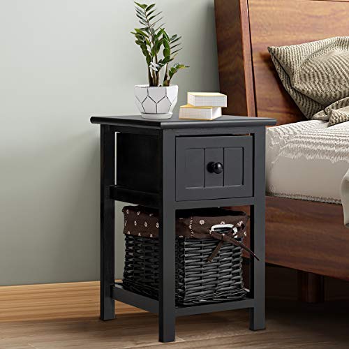 COSTWAY Bedside Table, Solid Wood Nightstand End Sofa Side Table with Drawer and Wicker Basket, Shabby Chic Slim Bedside Cabinet Accent Tea Tables for Living Room Bedroom, 28x31x45cm (1PCS, Black)
