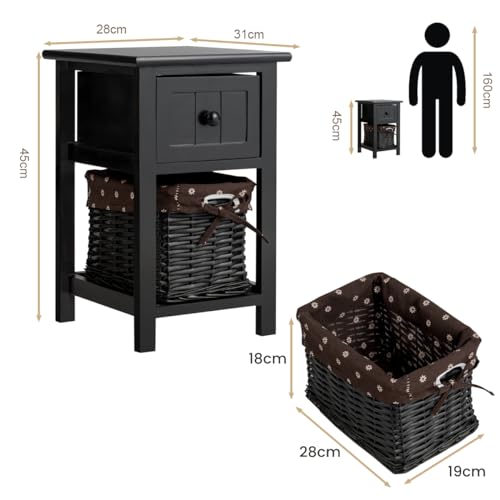 COSTWAY Bedside Table, Solid Wood Nightstand End Sofa Side Table with Drawer and Wicker Basket, Shabby Chic Slim Bedside Cabinet Accent Tea Tables for Living Room Bedroom, 28x31x45cm (1PCS, Black)