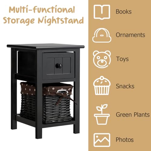 COSTWAY Bedside Table, Solid Wood Nightstand End Sofa Side Table with Drawer and Wicker Basket, Shabby Chic Slim Bedside Cabinet Accent Tea Tables for Living Room Bedroom, 28x31x45cm (1PCS, Black)