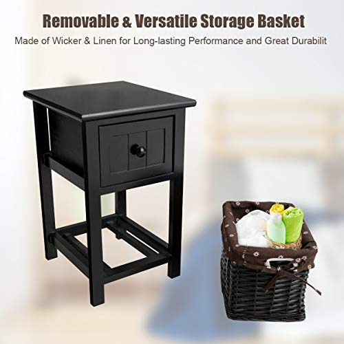 COSTWAY Bedside Table, Solid Wood Nightstand End Sofa Side Table with Drawer and Wicker Basket, Shabby Chic Slim Bedside Cabinet Accent Tea Tables for Living Room Bedroom, 28x31x45cm (1PCS, Black)