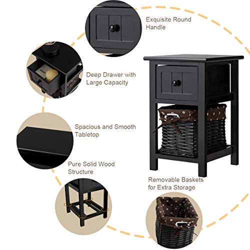 COSTWAY Bedside Table, Solid Wood Nightstand End Sofa Side Table with Drawer and Wicker Basket, Shabby Chic Slim Bedside Cabinet Accent Tea Tables for Living Room Bedroom, 28x31x45cm (1PCS, Black)