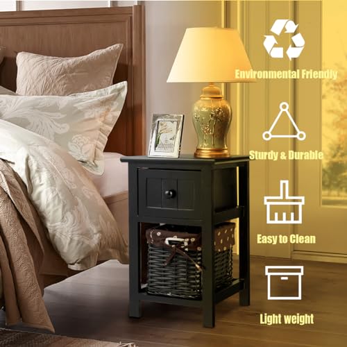 COSTWAY Bedside Table, Solid Wood Nightstand End Sofa Side Table with Drawer and Wicker Basket, Shabby Chic Slim Bedside Cabinet Accent Tea Tables for Living Room Bedroom, 28x31x45cm (1PCS, Black)