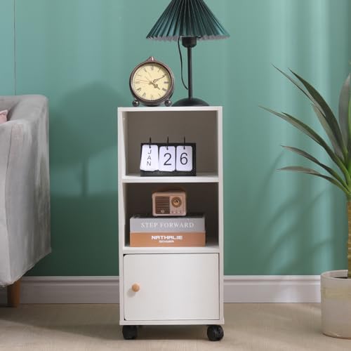 Pantanal Slim Wood Bedroom Nightstand on Wheels Bedside Table Cabinet with Storage Shelf, Narrow Living Room End Table Sofa Side Table File Cabinet (White)