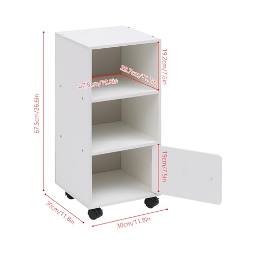 Pantanal Slim Wood Bedroom Nightstand on Wheels Bedside Table Cabinet with Storage Shelf, Narrow Living Room End Table Sofa Side Table File Cabinet (White)