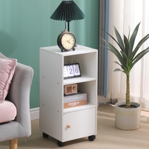 Pantanal Slim Wood Bedroom Nightstand on Wheels Bedside Table Cabinet with Storage Shelf, Narrow Living Room End Table Sofa Side Table File Cabinet (White)