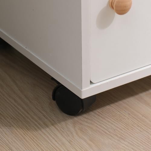 Pantanal Slim Wood Bedroom Nightstand on Wheels Bedside Table Cabinet with Storage Shelf, Narrow Living Room End Table Sofa Side Table File Cabinet (White)