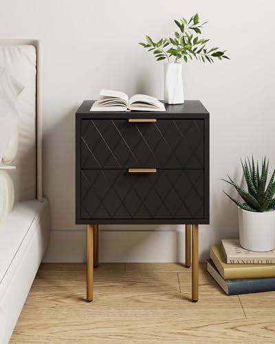 HEYZOEY Bedside Table, Small Bedside Tables with 2 Drawers, Wooden Nightstand with Gold Legs, Mid-Century Modern Bed Side End Table for Bedroom, Living Room, Black