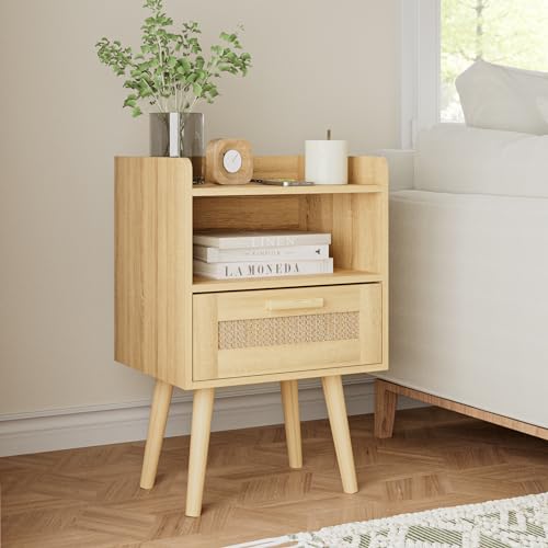 HEYZOEY Bedside Tables,End Table,Rattan Bedside Tables, Side Table with Hand Made Rattan Decorated Drawers,Wood Accent Nightstand with Storage for Bedroom、Living Room