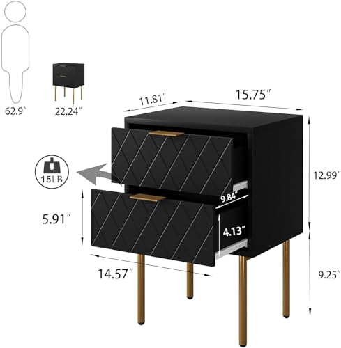 HEYZOEY Bedside Table, Small Bedside Tables with 2 Drawers, Wooden Nightstand with Gold Legs, Mid-Century Modern Bed Side End Table for Bedroom, Living Room, Black