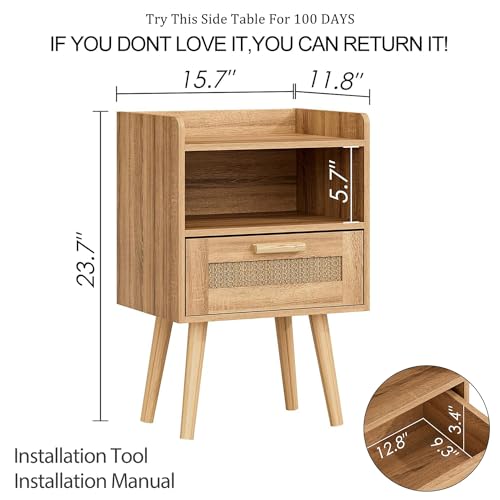 HEYZOEY Bedside Tables,End Table,Rattan Bedside Tables, Side Table with Hand Made Rattan Decorated Drawers,Wood Accent Nightstand with Storage for Bedroom、Living Room