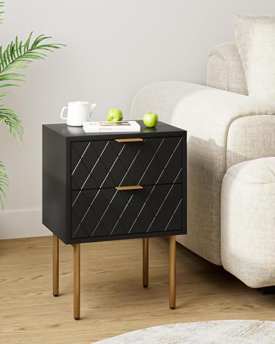 HEYZOEY Bedside Table, Small Bedside Tables with 2 Drawers, Wooden Nightstand with Gold Legs, Mid-Century Modern Bed Side End Table for Bedroom, Living Room, Black