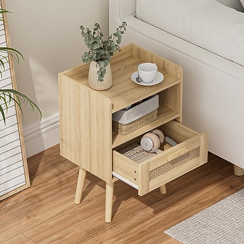 HEYZOEY Bedside Tables,End Table,Rattan Bedside Tables, Side Table with Hand Made Rattan Decorated Drawers,Wood Accent Nightstand with Storage for Bedroom、Living Room