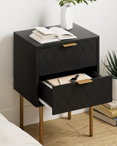HEYZOEY Bedside Table, Small Bedside Tables with 2 Drawers, Wooden Nightstand with Gold Legs, Mid-Century Modern Bed Side End Table for Bedroom, Living Room, Black