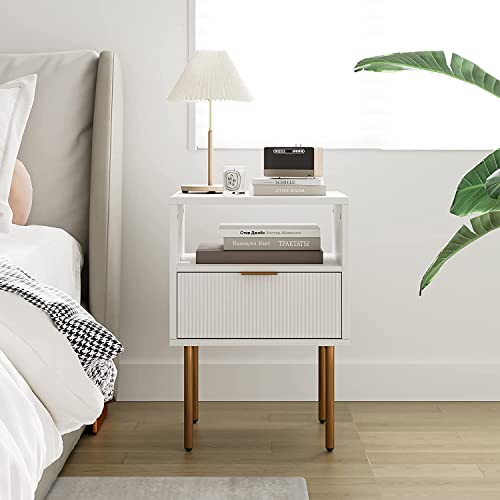 HEYZOEY Bedside Table, Small Bedside Cabinet with Drawer and Storage Shelf, Wooden Nightstand End Sofa Side Table with Gold Frame for Bedroom, Living Room, White