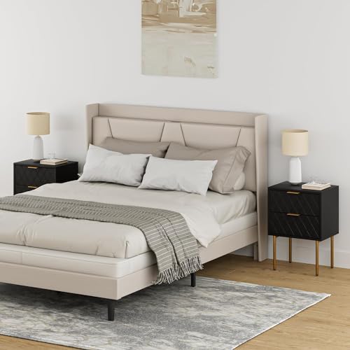 HEYZOEY Bedside Table, Small Bedside Tables with 2 Drawers, Wooden Nightstand with Gold Legs, Mid-Century Modern Bed Side End Table for Bedroom, Living Room, Black