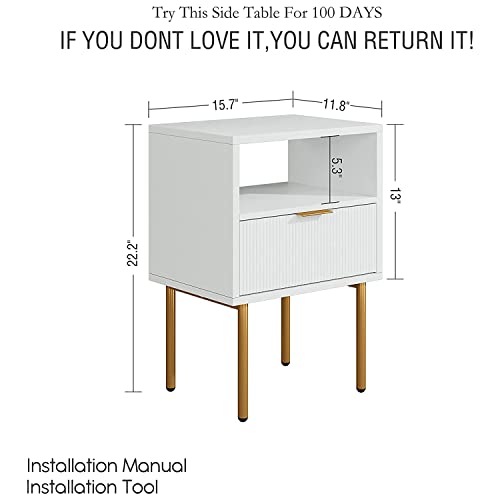 HEYZOEY Bedside Table, Small Bedside Cabinet with Drawer and Storage Shelf, Wooden Nightstand End Sofa Side Table with Gold Frame for Bedroom, Living Room, White