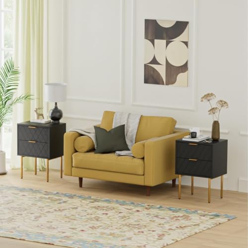 HEYZOEY Bedside Table, Small Bedside Tables with 2 Drawers, Wooden Nightstand with Gold Legs, Mid-Century Modern Bed Side End Table for Bedroom, Living Room, Black