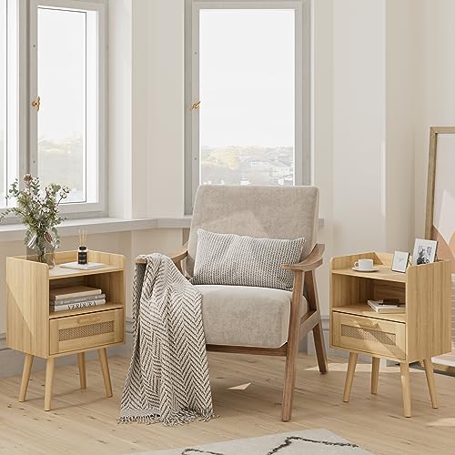 HEYZOEY Bedside Tables,End Table,Rattan Bedside Tables, Side Table with Hand Made Rattan Decorated Drawers,Wood Accent Nightstand with Storage for Bedroom、Living Room