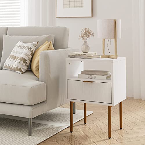 HEYZOEY Bedside Table, Small Bedside Cabinet with Drawer and Storage Shelf, Wooden Nightstand End Sofa Side Table with Gold Frame for Bedroom, Living Room, White