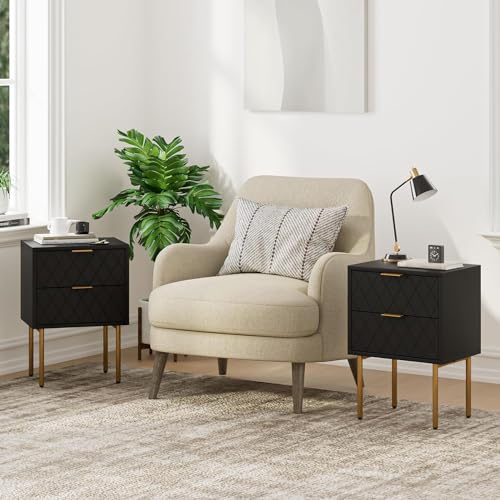 HEYZOEY Bedside Table, Small Bedside Tables with 2 Drawers, Wooden Nightstand with Gold Legs, Mid-Century Modern Bed Side End Table for Bedroom, Living Room, Black
