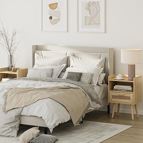 HEYZOEY Bedside Tables,End Table,Rattan Bedside Tables, Side Table with Hand Made Rattan Decorated Drawers,Wood Accent Nightstand with Storage for Bedroom、Living Room