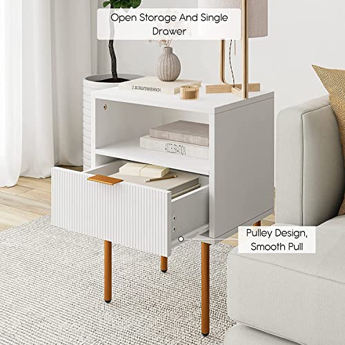 HEYZOEY Bedside Table, Small Bedside Cabinet with Drawer and Storage Shelf, Wooden Nightstand End Sofa Side Table with Gold Frame for Bedroom, Living Room, White