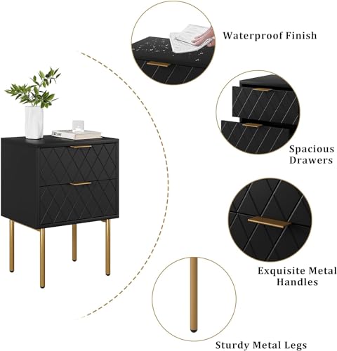 HEYZOEY Bedside Table, Small Bedside Tables with 2 Drawers, Wooden Nightstand with Gold Legs, Mid-Century Modern Bed Side End Table for Bedroom, Living Room, Black