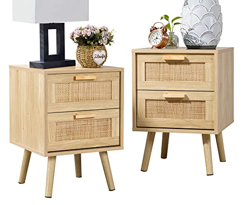 Finnhomy Bedside Table, Side Table with 2 Hand Made Rattan Decorated Drawers, Bedside Tables Set of 2, Wood Nigntstand, End Table with Storage for Bedroom, Natural, 2 Pack