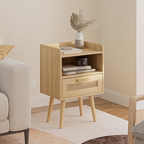HEYZOEY Bedside Tables,End Table,Rattan Bedside Tables, Side Table with Hand Made Rattan Decorated Drawers,Wood Accent Nightstand with Storage for Bedroom、Living Room