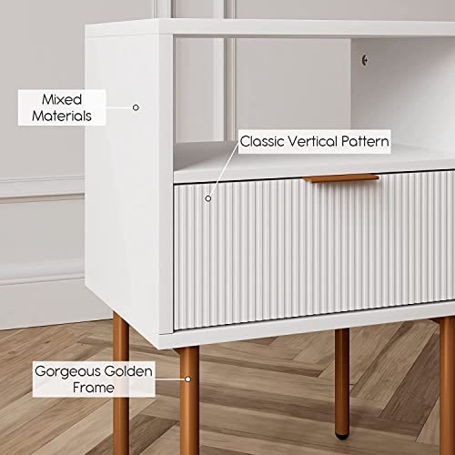 HEYZOEY Bedside Table, Small Bedside Cabinet with Drawer and Storage Shelf, Wooden Nightstand End Sofa Side Table with Gold Frame for Bedroom, Living Room, White