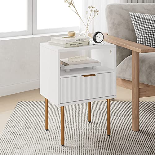 HEYZOEY Bedside Table, Small Bedside Cabinet with Drawer and Storage Shelf, Wooden Nightstand End Sofa Side Table with Gold Frame for Bedroom, Living Room, White