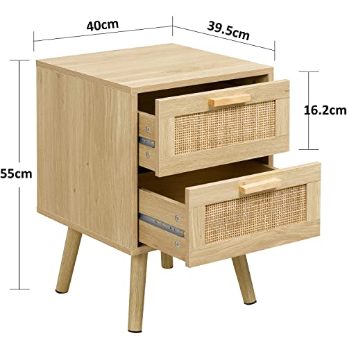 Finnhomy Bedside Table, Side Table with 2 Hand Made Rattan Decorated Drawers, Bedside Tables Set of 2, Wood Nigntstand, End Table with Storage for Bedroom, Natural, 2 Pack