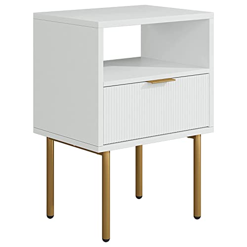 HEYZOEY Bedside Table, Small Bedside Cabinet with Drawer and Storage Shelf, Wooden Nightstand End Sofa Side Table with Gold Frame for Bedroom, Living Room, White