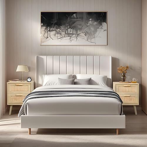 Finnhomy Bedside Table, Side Table with 2 Hand Made Rattan Decorated Drawers, Bedside Tables Set of 2, Wood Nigntstand, End Table with Storage for Bedroom, Natural, 2 Pack