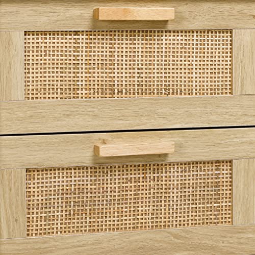 Finnhomy Bedside Table, Side Table with 2 Hand Made Rattan Decorated Drawers, Bedside Tables Set of 2, Wood Nigntstand, End Table with Storage for Bedroom, Natural, 2 Pack